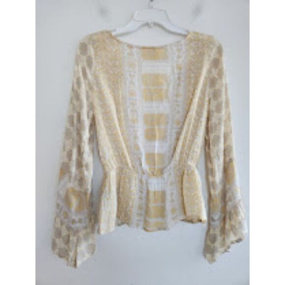 Free People "Rosalie" Yellow Printed "Handkerchief" Faux Wrap Top size Small - Picture 2 of 9